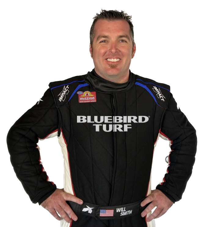 Headshot of Will Smith in BlueBird Turf branded racing gear.